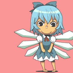 Rule 34 | 1girl, barefoot, black eyes, blue dress, blue eyes, blue hair, bow, bowtie, cirno, closed mouth, commentary request, dress, full body, hair bow, ice, ice wings, looking at viewer, onikobe rin, pink background, red bow, red bowtie, short hair, simple background, smile, solo, standing, touhou, wings