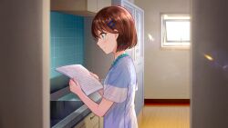 1girl aqua_eyes blue_shirt blush bob_cut brown_hair cabinet closed_mouth flat_chest game_cg hair_ornament hairclip holding indoors light_particles non-web_source official_art open_window profile reading shirt short_hair short_sleeves sink solo standing upper_body window yanagiya_kokoro yumeutsutsu_re:master