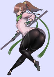 Rule 34 | 1girl, ass, bell, black leggings, braid, breasts, brown eyes, brown hair, closed mouth, fighting ex layer, fingerless gloves, french braid, from behind, full body, gloves, green gloves, green scarf, hair bell, hair ornament, headphones, headphones around neck, highres, holding, jingle bell, johan (johan13), leg up, leggings, long hair, long scarf, looking at viewer, looking back, nanase (arika), pantylines, purple background, sanane, scarf, simple background, three-quarter sleeves, small breasts, smile, solo, street fighter, street fighter ex (series), twisted torso