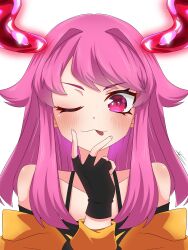 1girl :3 :p absurdres bare_shoulders black_gloves black_jacket black_shirt blush closed_mouth commentary_request demon_girl demon_horns fingerless_gloves frown furrowed_brow gloves hair_flaps halter_shirt halterneck hetto_(vtuber) hetto_vtuber highres hood hooded_jacket horns jacket long_sidelocks looking_at_viewer medium_hair off-shoulder_shirt off_shoulder one_eye_closed owozu pink_eyes pink_hair red_horns shirt sidelocks signature simple_background spanish_commentary tongue tongue_out virtual_youtuber whatever_is white_background yellow_jacket