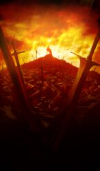 1girl artoria_pendragon_(fate) cloud cloudy_sky commentary fate/grand_order fate/stay_night fate_(series) full_body lasengle light_rays official_art orange_sky orange_theme outdoors pile_of_corpses planted planted_sword planted_weapon saber_(fate) silhouette sky sword third-party_source weapon
