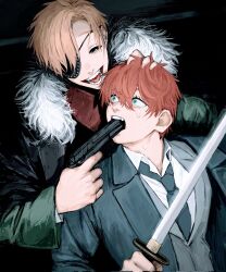 2boys behind_another black_eyes blazer blonde_hair blue_eyes collared_shirt commission crazy_smile dark_background earclip eye_contact eyepatch formal_clothes fur-trimmed_jacket fur_trim gakudayo gun gun_in_mouth highres holding holding_another&#039;s_hair holding_gun holding_sword holding_weapon jacket jacket_on_shoulders looking_at_another multiple_boys necktie open_mouth orange_hair original parted_bangs shirt short_hair skeb_commission smile suit surprised sweat swept_bangs sword teeth tongue upper_body weapon wide-eyed