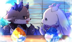 absurdres bell black_fur black_sclera cloud colored_sclera debidebi_debiru demon_horns demon_wings food highres holding holding_spoon horns jewelry looking_at_another lunlun_(nijisanji) mikawa_ayumu neck_bell necklace nijisanji no_humans open_mouth pointing pointing_at_self rope shaved_ice shimenawa sky spoon table tongue tongue_out twitter_username virtual_youtuber window_blinds wings