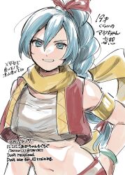 1girl blue_eyes blue_hair bracelet braid braided_ponytail breasts dated dragon_quest dragon_quest_xi hair_ribbon high_braid highres jewelry long_hair looking_at_viewer maya_(dq11) midriff navel red_vest ribbon scarf simple_background single_braid smile solo tmr0621 vest watermark white_background