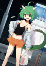 Rule 34 | 1girl, 29 (artist), :d, ahoge, bag, bell, blush, breasts, celery, cleavage, collar, dragon, dragon girl, dutch angle, fang, female focus, green eyes, green hair, hand on own hip, happy, highres, hip focus, horns, jacket, legs, lizard tail, matching hair/eyes, midriff, monster girl, navel, neck bell, open mouth, original, petite, shopping bag, short hair, shorts, slit pupils, smile, solo, spring onion, tail, tank top