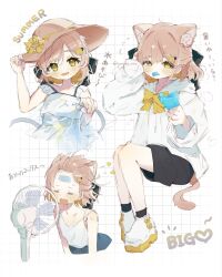 1girl animal_ear_fluff animal_ears black_shorts black_socks blush bow brown_hair cat_ears cat_girl cat_tail character_name closed_eyes dress electric_fan flower food food_in_mouth hair_bow hair_ornament hand_on_headwear hat hat_flower highres holding holding_food holding_popsicle hood hood_down hoodie hot jurodo_vrc long_sleeves looking_at_viewer medium_hair mouth_hold multiple_views open_mouth popsicle popsicle_in_mouth shiratsume_(vrchat) shirt shoes short_hair shorts sitting sketch skirt sleeveless socks straw_hat sun_hat sundress sweat tail tank_top twitter_username vrchat white_background white_dress white_hoodie white_shirt white_shoes white_tank_top yellow_bow yellow_eyes