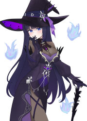 absurdres bamanul black_gloves black_hat black_pantyhose blue_eyes blue_fire blunt_bangs breasts cleavage commentary cowboy_shot dress english_commentary fire gloves halloween halloween_costume hand_on_cane hand_on_own_face hat highres honkai_(series) honkai_impact_3rd large_breasts long_hair long_sleeves official_alternate_costume pantyhose purple_dress purple_hair raiden_mei raiden_mei_(apho) see-through_cleavage see-through_clothes simple_background very_long_hair white_background witch_hat
