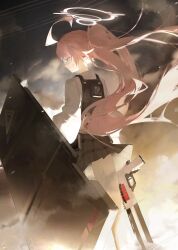 &gt;:( absurdres ahoge ballistic_shield beretta_1301 black_skirt blue_archive blue_eyes bulletproof_vest cloud cloudy_sky collared_shirt commentary dress_shirt from_behind gun halo highres holding holding_gun holding_weapon hoshino_(blue_archive) huge_ahoge kyoro_ina long_hair long_sleeves looking_afar miniskirt pink_hair pink_halo plaid_clothes plaid_skirt pleated_skirt ponytail puffy_long_sleeves puffy_sleeves shield shirt shotgun skirt sky sunset v-shaped_eyebrows very_long_hair weapon white_shirt wind yellow_eyes