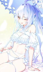 1girl ;q ahoge bikini blush breasts cleavage commentary fate/grand_order fate_(series) fingernails hair_intakes highres holding holding_umbrella lady_avalon_(fate) lady_avalon_(second_ascension)_(fate) long_hair medium_breasts merlin_(fate/prototype) navel one_eye_closed parasol pink_eyes simple_background sitting smile solo swimsuit symbol-only_commentary tochi_keisuke tongue tongue_out umbrella very_long_hair white_background white_bikini white_hair white_umbrella
