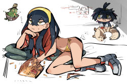 +++ 1girl bikini black_hair carmine_(pokemon) closed_mouth crossed_bangs eating food food_on_face furret gen_2_pokemon gloves gold_bikini hair_between_eyes hairband jacket kieran_(pokemon) long_hair lying mole mole_under_eye multicolored_hair nintendo on_side pokemon pokemon_sv puff_of_air purple_hair red_hair shaded_face shoes side-tie_bikini_bottom simple_background single_glove sinistcha solo_focus swimsuit tirarizun white_background yellow_hairband
