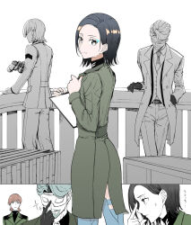 1girl 2boys back_slit binoculars black_hair blazer blue_eyeshadow challia_bull clipboard coat comoli_harcourt eyeshadow green_coat grey_beard grey_hair gundam gundam_gquuuuuux holding holding_binoculars holding_clipboard jacket looking_at_viewer looking_back makeup mask mole mole_under_eye multiple_boys short_hair sparkle sweatdrop syatey thighhighs xavier_olivette