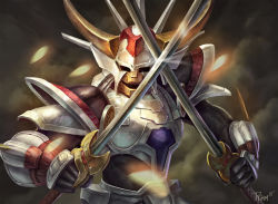 Rule 34 | 1boy, andy timm, armor, commentary, crossed swords, dual wielding, holding, male focus, mask, power armor, reference work, ronin warriors, samurai, sanada ryou, solo, standing, sunrise, sunrise (company), sword, weapon, yoroiden samurai troopers