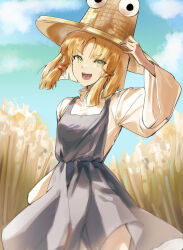 1girl :d blonde_hair blue_dress blue_sky cloud commentary_request cowboy_shot dress green_eyes hair_ribbon hand_on_headwear hat highres long_sleeves medium_hair moriya_suwako open_mouth pomze red_ribbon ribbon sky smile solo straw_hat teeth touhou upper_teeth_only wheat_field white_sleeves