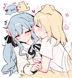 2girls animal_ears bang_dream! bang_dream!_it&#039;s_mygo!!!!! black_ribbon blonde_hair blue_hair blush chinese_commentary closed_eyes closed_mouth commentary_request dog_ears dog_girl dog_tail ear_blush highres hug kemonomimi_mode kyou_039 long_hair long_sleeves medium_hair misumi_uika multiple_girls neck_ribbon ribbon shirt short_sleeves sidelocks tail tail_wagging togawa_sakiko twitter_username white_shirt yuri
