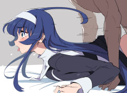 1boy 1girl ahoge blue_eyes blue_hair blush dress grey_background hairband huge_ahoge long_hair nun open_mouth orie_ballardiae_harada sex sex_from_behind tongue tongue_out touniyuu under_night_in-birth very_long_hair white_hairband