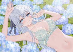 1girl arm_up armpits bare_shoulders blue_eyes blue_flower bra breasts closed_mouth commentary_request flower frilled_bra frills green_bra hair_ribbon highres hydrangea kurumi_lm long_hair looking_at_viewer medium_breasts navel original ribbon smile solo stomach underwear white_hair