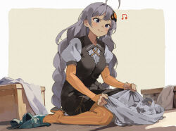 1girl ahoge beamed_eighth_notes black_dress blush border braid breasts brown_background brown_gloves brown_pantyhose closed_mouth commentary_request dress elbow_gloves fingerless_gloves gloves grey_border grey_eyes grey_hair hair_ornament highres kizuna_akari lamb_(hitsujiniku) long_hair low_twintails medium_breasts musical_note pantyhose puffy_short_sleeves puffy_sleeves short_sleeves sitting sleeveless sleeveless_dress smile solo striped_clothes striped_gloves striped_pantyhose twin_braids twintails vertical-striped_clothes vertical-striped_pantyhose very_long_hair voiceroid wariza