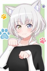 1girl :3 absurdres animal_ear_fluff animal_ears bang_dream! bang_dream!_it&#039;s_mygo!!!!! black_shirt blue_eyes blush cat_ears cat_girl commentary dated green_background happy_birthday heterochromia highres kaname_raana kemonomimi_mode layered_sleeves long_sleeves outline paw_pose raana_the_cat shirt short_hair short_over_long_sleeves short_sleeves sleeves_past_wrists solo subarou upper_body white_hair white_outline white_shirt yellow_eyes