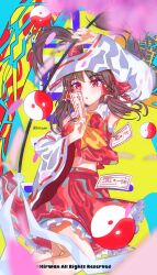 Rule 34 | absurdres, brown hair, gohei, hakurei reimu, highres, hirwannew, holding, holding gohei, non-web source, perspective, red eyes, red ribbon, red shirt, red skirt, ribbon, shirt, skirt, touhou