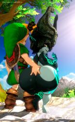 1boy 1girl 3d absurdres age_difference anal_fingering aqua_nipples ass barefoot blonde_hair boots breasts colored_nipples fingering highres huge_ass huge_breasts leviantanre link looking_back midna nintendo nude outdoors pointy_ears runes shield shield_on_back shortstack shota smirk sword sword_on_back the_legend_of_zelda tree weapon weapon_on_back young_link
