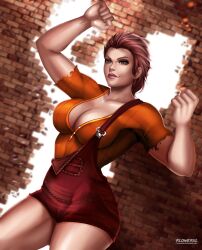 Rule 34 | 1girl, absurdres, biceps, breasts, brick wall, broken wall, brown eyes, brown hair, cleavage, disney, flowerxl, genderswap, genderswap (mtf), highres, large breasts, looking at viewer, muscular, muscular female, narrow waist, orange shirt, pale skin, pants, pink lips, ralph (wreck-it ralph), ralph breaks the internet, red pants, shirt, short hair, standing, strong woman, suspenders, watermark, wreck-it ralph, wreck-it ralph (character)