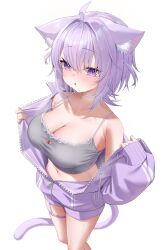 1girl absurdres ahoge ai_(u_e_o_o) animal_ears blush breasts camisole cat_ears cat_girl cat_tail cleavage collarbone grey_camisole hair_intakes highres hololive hood hoodie large_breasts long_sleeves medium_hair navel nekomata_okayu open_mouth purple_eyes purple_hair purple_hoodie purple_tail simple_background sleeves_past_wrists solo stomach tail thighs transparent_background virtual_youtuber