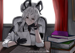 1girl absurdres arm_pouch armband artist_name bags_under_eyes black_armband black_gloves black_horns black_pouch book book_stack breasts chest_harness collared_shirt commentary curled_horns curtains desk elbow_rest english_commentary erlisa_takanashi gloves grey_hair hair_between_eyes harness highres holding holding_paper horns indoors large_breasts long_hair mole mole_under_eye multicolored_hair necktie paper red_eyes red_necktie shirt solo streaked_hair white_shirt window wuthering_waves zani_(wuthering_waves)