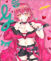 1girl bare_shoulders black_pants black_shorts blush breasts cleavage closed_eyes coat cowboy_shot evil_twin_ki-sikil highres ichinose_haruka ki-sikil_(yu-gi-oh!) large_breasts lipstick_mark lipstick_mark_on_breast navel official_alternate_costume pants parted_lips red_coat red_hair short_hair shorts smile solo strapless teeth tube_top white_tube_top yu-gi-oh!