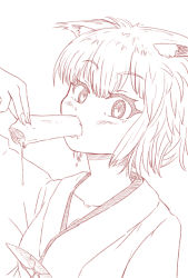 1girl animal_ears artist_request cannibalism eating guro japanese_clothes knife light_blush monochrome original severed_penis penis severed_penis short_hair simple_background solo uncensored upper_body white_background
