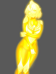1girl absurdres armor aura blonde_hair bob_cut bodysuit breastplate breasts chinese_commentary collarbone color_timer colored_skin commentary contrapposto cowboy_shot crystal dorsal_fin forehead_jewel genderswap genderswap_(mtf) glowing gold_aura grey_background hair_between_eyes hand_on_own_arm hand_on_own_thigh headgear highres humanization knees_together_feet_apart light_smile looking_at_viewer multicolored_bodysuit parted_lips short_hair simple_background skin_tight small_breasts solo standing tokusatsu ultra_series ultraman_tiga ultraman_tiga_(glitter_tiga) ultraman_tiga_(series) yellow_bodysuit yellow_eyes yi_(user_jwth4284)