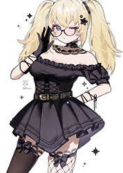 Rule 34 | 1girl, absurdres, ani (xai), bare shoulders, black dress, black gloves, blonde hair, blue eyes, blush, breasts, choker, cleavage, dress, fishnet thighhighs, fishnets, glasses, gloves, gothic lolita, highres, lace-trimmed choker, lace trim, lolita fashion, long hair, looking at viewer, pqsu23, simple background, solo, thighhighs, twintails, twitter, xai (company)