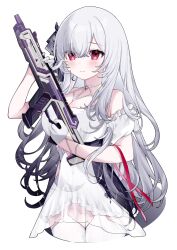 1girl apex_legends assault_rifle bare_shoulders black_hair blush breasts cleavage closed_mouth commentary_request crescent crescent_earrings crossed_bangs dress duchi0356 earendel_(jishenkong_jihua) earrings gloves gradient_hair gun hair_between_eyes halter_dress halterneck hand_up highres holding holding_gun holding_weapon jewelry jishenkong_jihua large_breasts long_hair looking_at_viewer multicolored_hair off-shoulder_dress off_shoulder r-301_carbine red_eyes red_ribbon ribbon rifle see-through_clothes see-through_dress simple_background single_earring solo standing thighhighs thighs very_long_hair virtual_youtuber weapon white_background white_dress white_gloves white_hair white_thighhighs