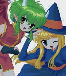 2girls black_gloves blonde_hair blue_dress blue_eyes blue_headwear breasts china_dress chinese_clothes draco_centauros dragon_girl dragon_horns dragon_wings dress fingerless_gloves gloves green_hair hat highres horns juliet_sleeves long_hair long_sleeves looking_at_viewer madou_monogatari medium_breasts multiple_girls one_eye_closed open_mouth pepeppepe101 pointy_ears puffy_sleeves puyo_(puyopuyo) puyopuyo red_dress red_wings short_hair_with_long_locks wings witch_(puyopuyo) witch_hat yellow_eyes