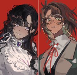 2girls black_hair brown_hair collared_shirt dress eyewear_strap glasses green_eyes green_jacket grin ing_(ing205509) isolde_(reverse:1999) jacket jewelry kakania_(reverse:1999) long_hair looking_at_viewer multiple_girls neck_ribbon necklace pearl_necklace portrait purple_eyes red_background red_ribbon reverse:1999 ribbon round_eyewear shirt simple_background smile solo wavy_hair white_dress white_shirt