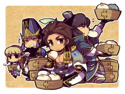2boys 2girls bamboo_steamer steamed_bun basket black_hair border brown_eyes brown_hair character_request chibi chibi_only dragon_quest food food_in_mouth hand_fan holding holding_basket holding_fan kotorai long_hair looking_at_viewer multiple_boys multiple_girls pectoral_cleavage pectorals shin_sangoku_musou sima_shi sima_zhao sitting slime_(dragon_quest) tassel white_border