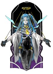 1girl :d angela_(project_moon) blue_hair blue_wings border cardigan claw_pose cowboy_shot curtained_hair grin halo heart_(organ) high_side_ponytail highres lobotomy_corporation looking_at_viewer mechanical_arms mechanical_legs off_shoulder open_mouth ornate_border outstretched_arms project_moon puppet_strings ribs smile solo thigh_gap white_cardigan wings yellow_eyes zukichou