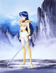 1990s_(style) 1girl armor asou_yuuko belt bikini_armor blue_eyes blue_hair boots female_focus game knee_boots long_hair matching_hair/eyes microskirt midriff miniskirt mugen_senshi_valis nec neckerchief official_art outdoors pc_engine retro_artstyle skirt solo sword telenet_japan valis valis_sword very_long_hair weapon