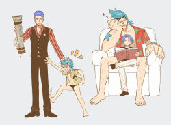 2boys age_difference aged_down arm_hair arm_tattoo black_pants black_shoes black_vest blue_hair eyewear_on_head fingernails flying_sweatdrops franky_(one_piece) full_body goggles goggles_on_head hand_on_another&#039;s_head holding iceburg leg_hair male_focus male_swimwear multiple_boys one_piece pants purple_hair qin_(7833198) reading shirt shoes sitting sparse_stubble striped_clothes striped_shirt sunglasses swim_briefs tattoo time_paradox vest