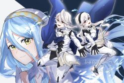 1boy 2girls armor azura_(fire_emblem) black_hairband blue_cape blue_hair blush breasts cape closed_mouth cousins dress female_corrin_(fire_emblem) fire_emblem fire_emblem_fates gloves grey_hair hair_between_eyes hairband highres jewelry leon0630claude long_hair looking_at_viewer male_corrin_(fire_emblem) multiple_girls nintendo open_mouth pointy_ears red_eyes short_hair smile veil very_long_hair white_dress white_hair yellow_eyes