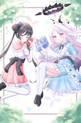 Rule 34 | akaneuta chitose, back, black hair, black halo, blue archive, blush, breasts, butterfly hair ornament, demon girl, demon horns, demon wings, double bun, gift, grey eyes, grey halo, hair bun, hair ornament, halo, happy birthday, highres, hina (blue archive), holding, holding gift, horns, kisaki (blue archive), looking at viewer, open mouth, purple eyes, small breasts, smile, thighhighs, white thighhighs, wings