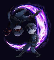 Rule 34 | 2boys, black boots, black gloves, black shirt, black vest, blue pants, boots, collared shirt, dimension shredder (e.g.o), dual persona, e.g.o (project moon), full body, gauntlets, gloves, highres, jumping, limbus company, long sleeves, male focus, multiple boys, pants, portal (object), project moon, shirt, uuu (gyojamandu), vest, w corp. (identity) (project moon), yi sang (project moon)