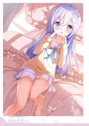 1girl :d absurdres barefoot bed bed_sheet blue_eyes blue_hair blue_ribbon blush brown_sweater chinomaron frilled_pillow frills gochuumon_wa_usagi_desu_ka? hair_between_eyes hands_up heart heart-shaped_pupils heart_hands highres kafuu_chino long_hair long_sleeves lying neck_ribbon on_back on_bed open_mouth pillow pleated_skirt puffy_long_sleeves puffy_sleeves ribbon sailor_collar school_uniform skirt sleeves_past_wrists smile solo sweater symbol-shaped_pupils very_long_hair white_sailor_collar white_skirt