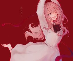 1girl ada_(iyowa) adipocere_(vocaloid) arms_up barefoot black_ribbon collared_dress cowboy_shot dancing dress floating_hair hair_down hair_over_one_eye half-closed_eyes highres iyowa_girls long_hair long_sleeves neck_ribbon open_mouth pink_eyes pink_hair red_background red_ribbon ri_pi_o ribbon simple_background smile solo song_name standing standing_on_one_leg unworn_ribbon white_dress