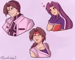 1boy 2girls asamiya_athena brown_hair charlyarts kusanagi_kyou multiple_girls psycho_soldier purple_hair ryuuko_no_ken the_king_of_fighters the_king_of_fighters_2002 yuri_sakazaki