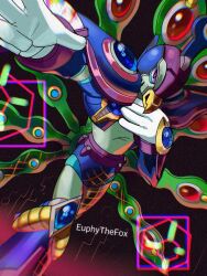 armor artist_name beak cyber_peacock_(mega_man) euphythefox mega_man_(series) mega_man_x4 mega_man_x_(series) non-humanoid_robot peacock_feathers purple_armor purple_eyes robot robot_animal robot_bird solo upper_body