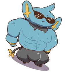 1boy abs anger_vein animal_ears animal_nose artist_name biceps black_pants blue_fur body_fur boke-chan bulge closed_mouth dutch_angle full_body furry furry_male gen_4_pokemon happy male_focus muscular muscular_male nintendo nipples pants pectorals personification pokemon pokemon_(creature) shinx signature simple_background smile solo standing sunglasses tail twitter_username white_background