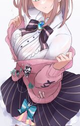 1girl black_skirt blue_gemstone blush bow bowtie brown_hair cardigan collared_shirt corrupted_twitter_file dress_shirt gem highres medium_hair nijisanji ogura_toast pink_cardigan shirt skirt solo striped_clothes striped_skirt suzuhara_lulu suzuhara_lulu_(1st_costume) virtual_youtuber white_shirt