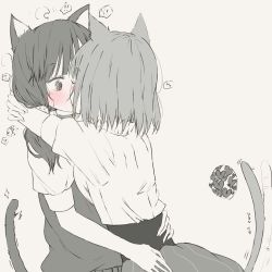 ! !? 2girls ? animal_ears blush cat_ears cat_girl cat_tail flying_sweatdrops from_behind greyscale heart hidden_face highres hug kiss maromi_(am97) monochrome multiple_girls mutual_hug original pinstripe_pattern pinstripe_skirt school_uniform short_sleeves spoken_exclamation_mark spoken_heart spoken_interrobang spoken_question_mark sweatdrop sweater_vest tail tail_wagging trembling yuri