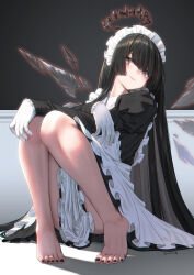 1girl arknights barefoot black_eyes black_hair feet highres light_blush long_hair maid nail_polish smile toenail_polish toenails toes virtuosa_(arknights) yamauchi_(conan-comy)