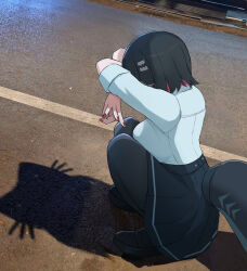 Rule 34 | 1girl, black hair, black pantyhose, black shoes, breasts, cat shadow puppet (meme), ellen joe, ellen joe (on campus), fins, fish tail, highres, medium breasts, multicolored hair, namikare, pantyhose, photo (medium), red hair, red nails, school uniform, shark girl, shark tail, shirt, shoes, short hair, tail, white shirt, zenless zone zero